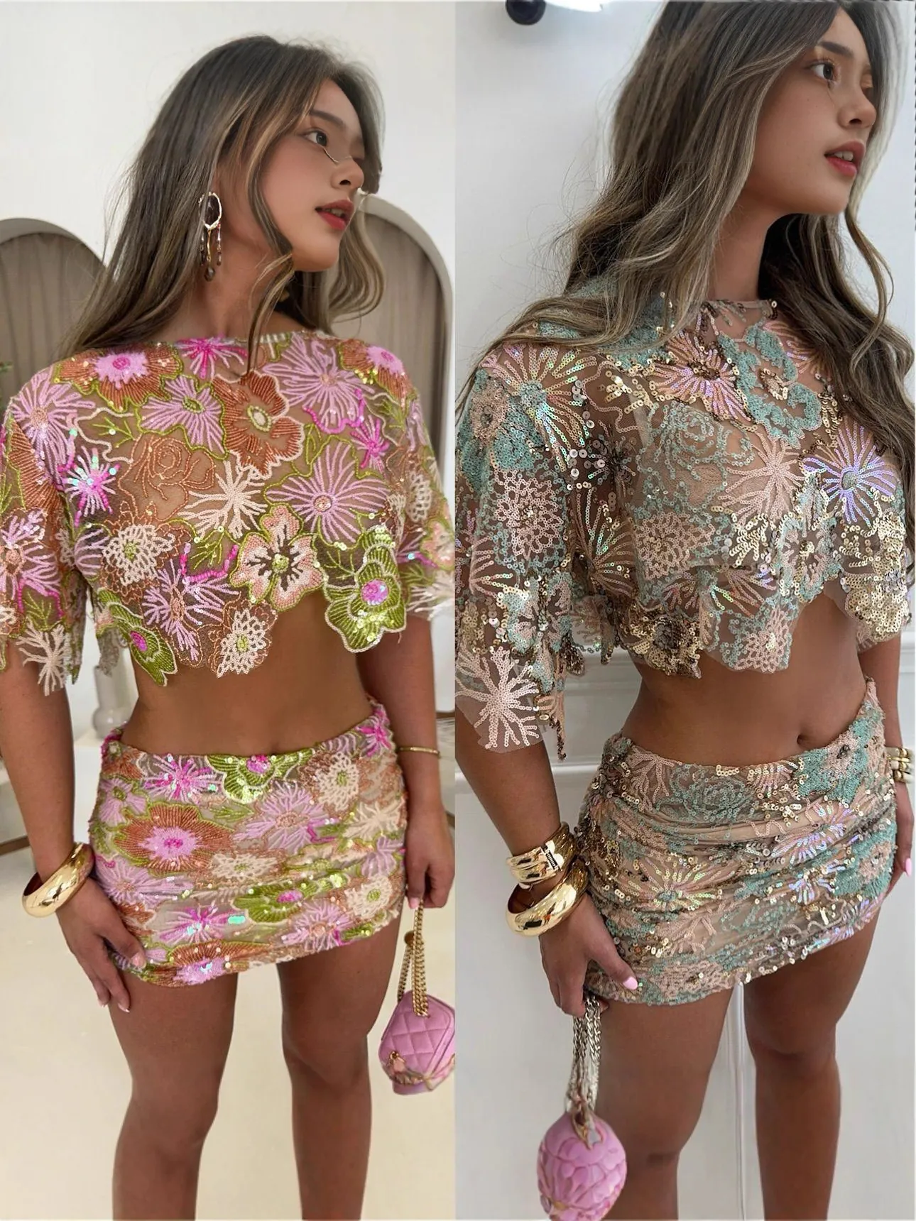 Women Summer Heavy Industry Floral Embroidered Sequin Top And Bottom Set Sexy Cropped Top Bodycon Mini Maxi Skirt Party Clubwear