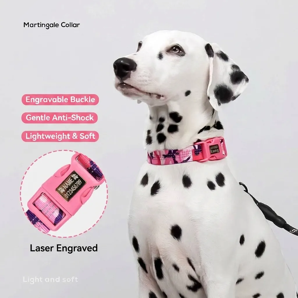 Reflective Camouflage Dog Collar Martingale Style Adjustable Waterproof Polyester Pet Neck Strap with Engraved Nameplate