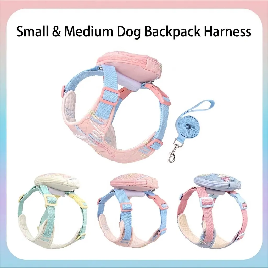 Korean Style Polyester Seersucker Dog Harness With Mini Backpack Breathable Pet Vest And Leash Set For Small Dogs Cats