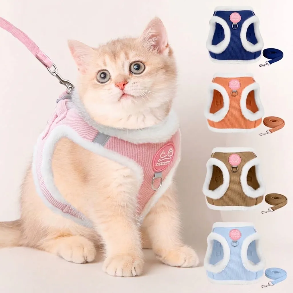 Corduroy Pet Harness Leash Set Warm Fleece Lining Reflective Vest For Cats Small Dogs Anti-Escape Walking Harness Set