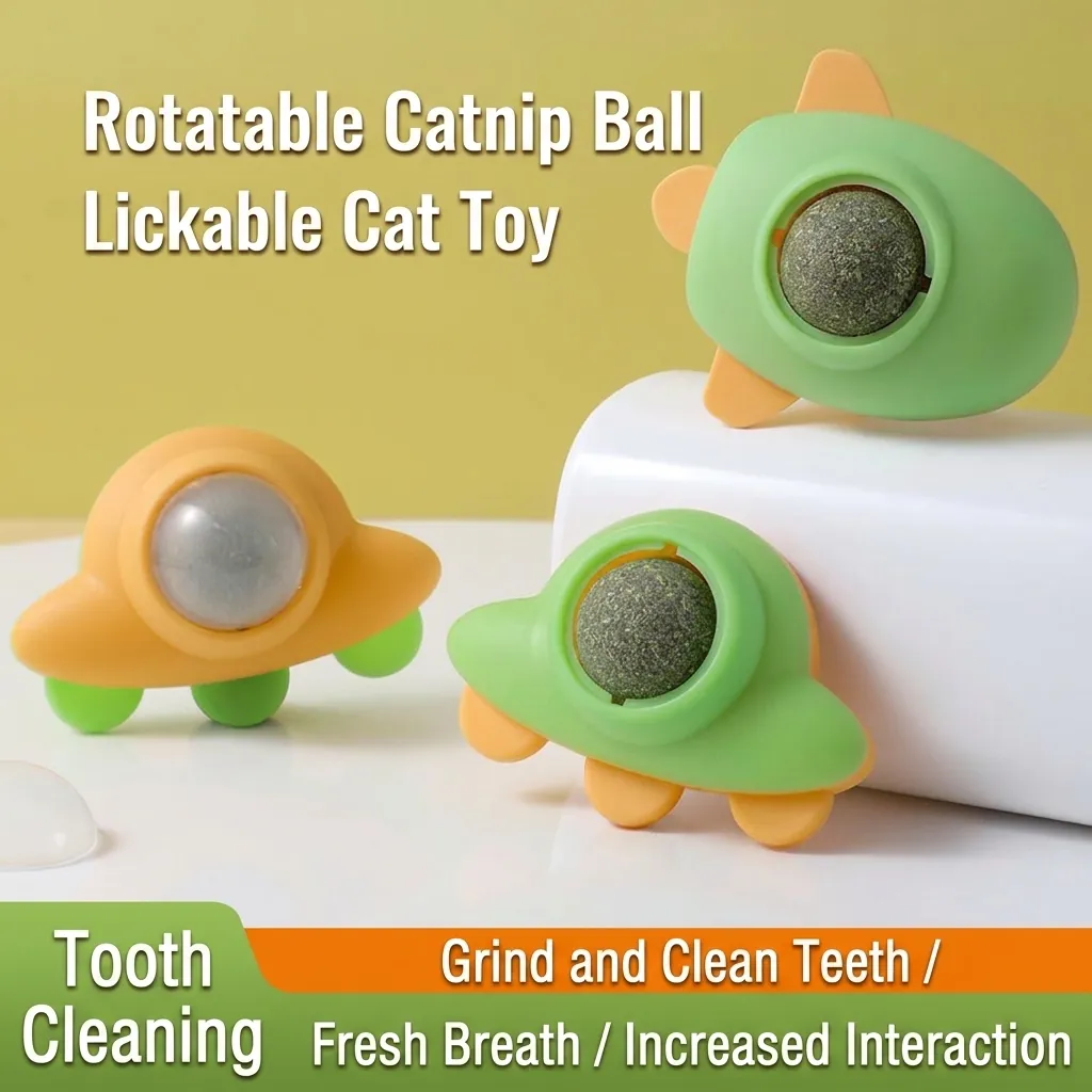 Jouet Balle à l'Herbe à Chat Rotative Forme de Fusée UFO Friandise Comestible pour Chat pour le Nettoyage des Dents
