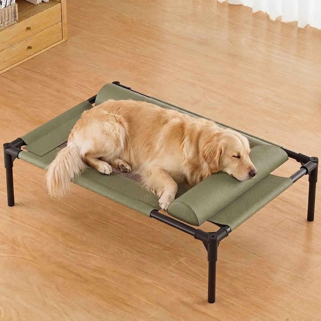 Elevated Pet Bed Breathable Portable Dog Cot with Leather Trim Detachable Moisture-Proof Indoor Outdoor Sleeping Mat for Medium Large Dogs