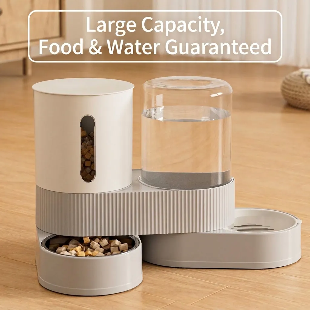 Dispensador Automático de Comida y Agua 2 en 1 para Mascotas Tazón de Gravedad y Fuente de Agua para Gatos y Perros Gris