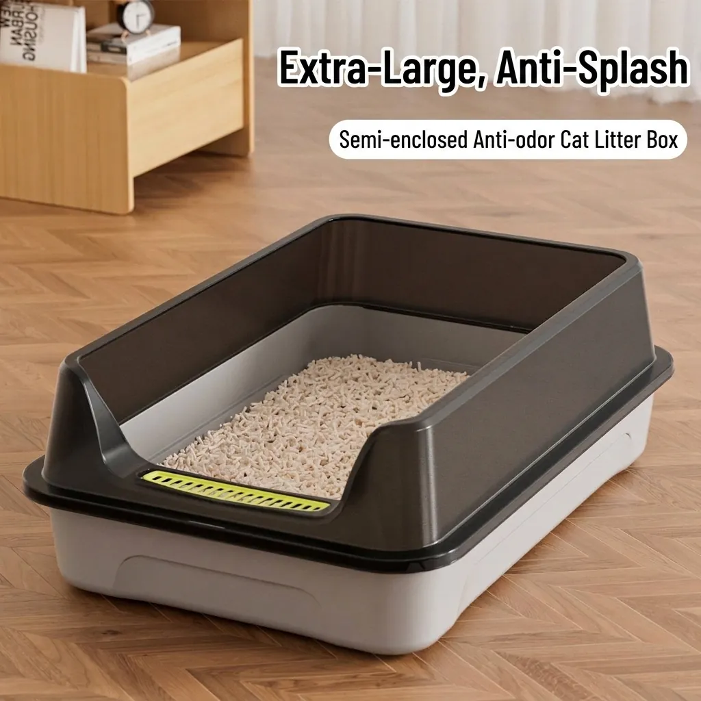 Extra Large Semi-Enclosed Cat Litter Box Anti-Splash High Fence Cat Toilet With Litter Scoop Plastic PP Pet Cleaning Basin