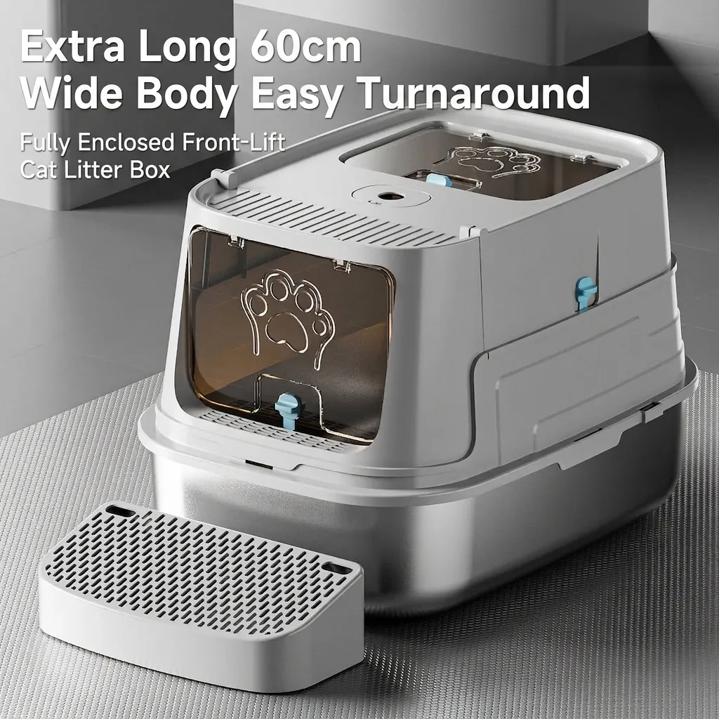 Large Fully Enclosed Stainless Steel Cat Litter Box Anti Splash Deodorizing Pet Toilet For Cats With Filter Pedal Scoop