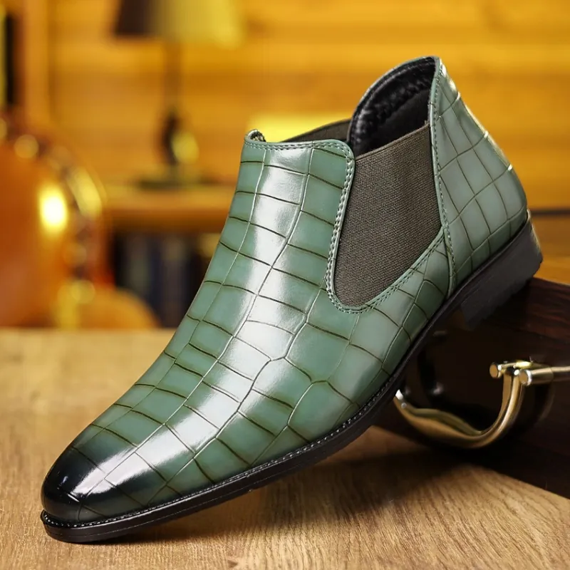 Men Business Casual Chelsea Boots Crocodile Pattern Leather Slip-on Mid-Calf Boots Wear-Resistant Rubber Sole Dress Shoes