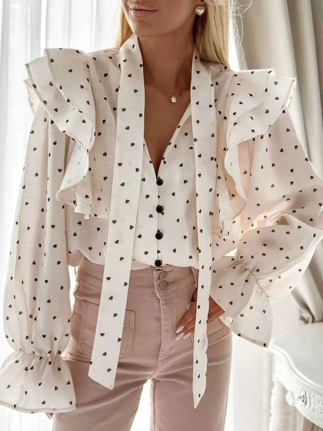 French Style Ruffled Heart Polka Dot Long Sleeve Blouse For Women Elegant V-Neck Bow Tie Polyester Shirt Top Off-White