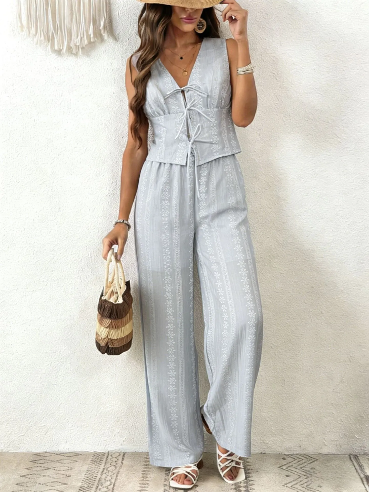 Damen Boho Polyester Top Und Bottom Ärmellos V-Ausschnitt Schnürweste Und Hohe Taille Gerade Weite Hose Lässig Urlaubsoutfit