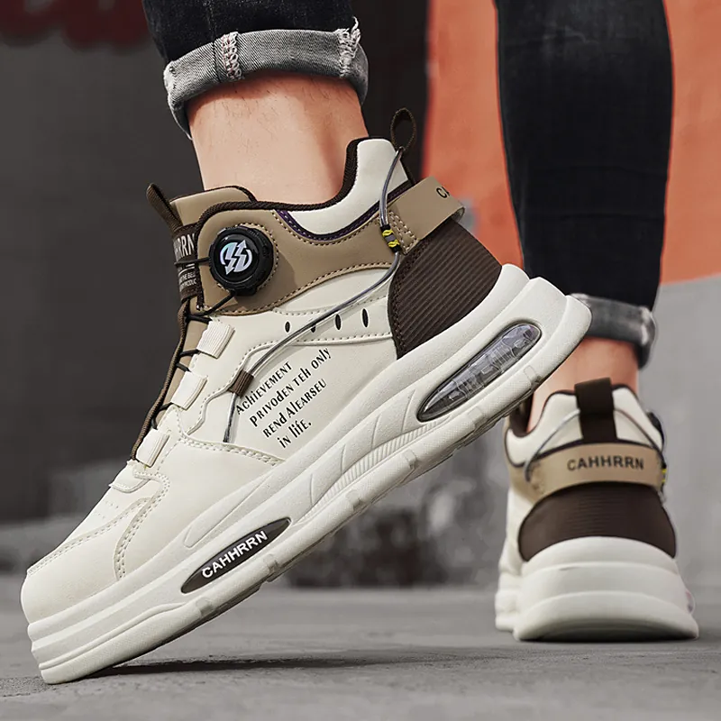Men's Outdoor High-Top Work Boots Rotary Button Quick Fastening Thick Sole Air Cushion Fashion Leather Ankle Boots Streetwear