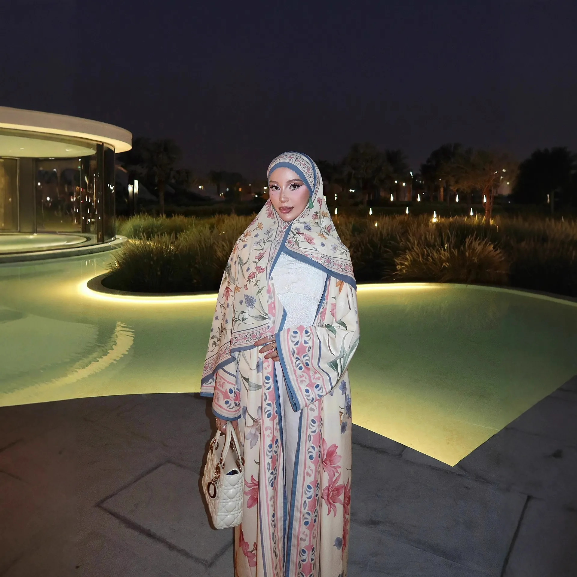Women Floral Print Long Cardigan Abaya With Matching Headscarf Long Sleeve Modest Fashion Robe Ethnic Style Outerwear Coat