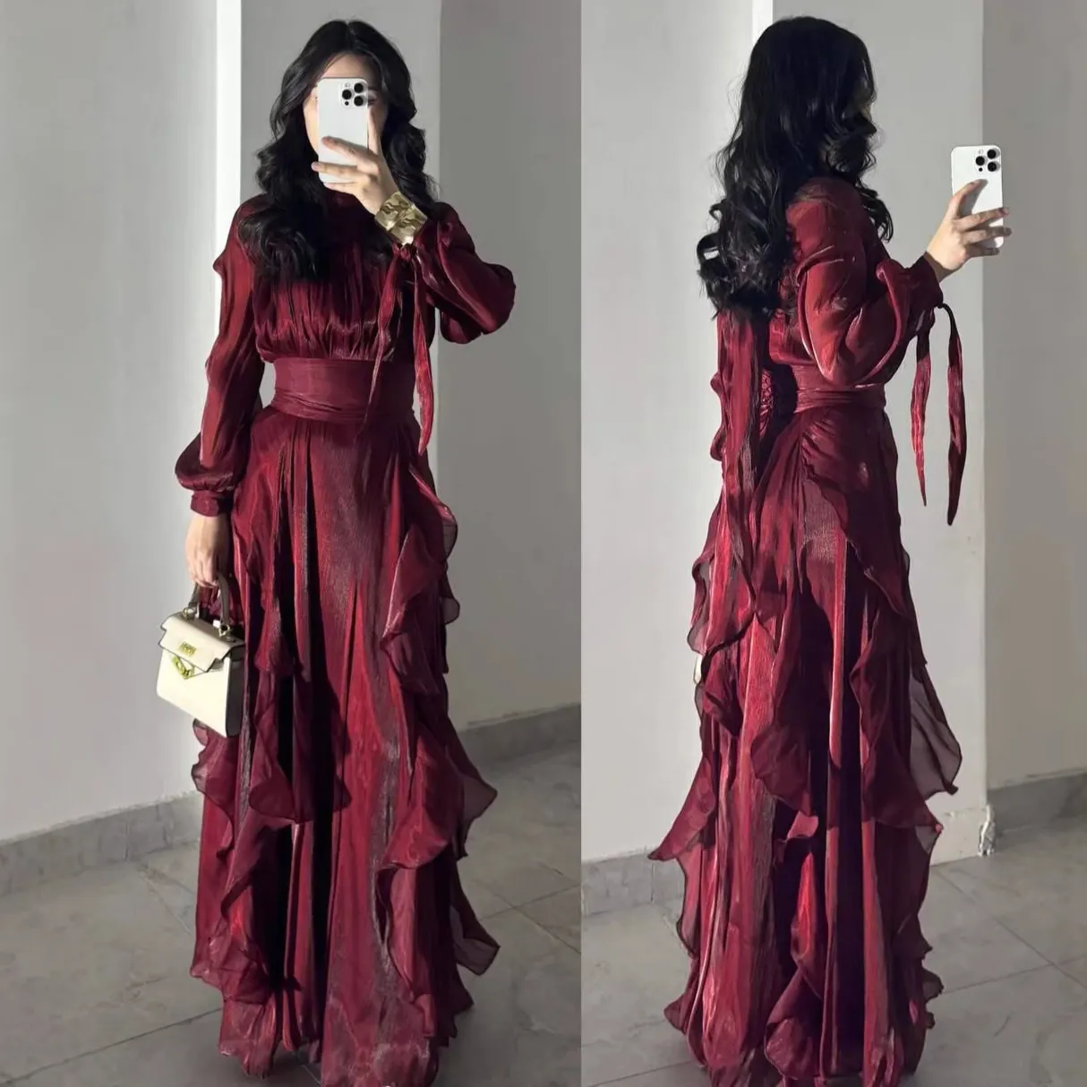 Women Elegant Satin Pleated Ruffle Maxi Dress Long Lantern Sleeve A-Line Slim Fit Evening Gown For Banquet Party Daily