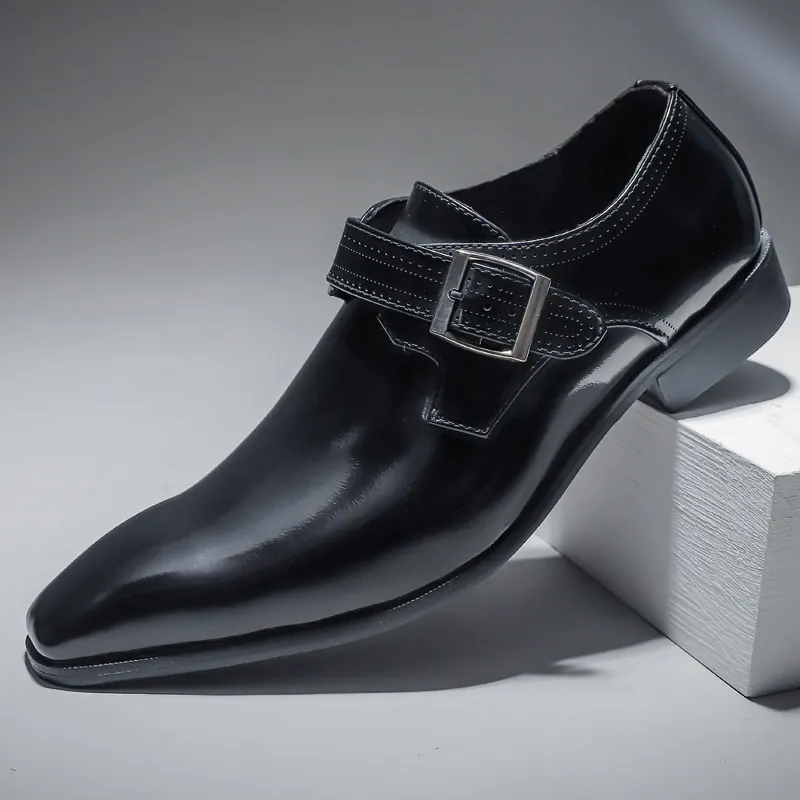 Men Business Monk Strap Leather Shoes Vintage Square Toe Patent Leather Formal Dress Shoes Breathable Casual Single Shoes