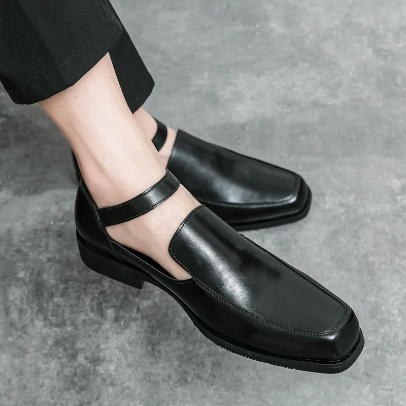 Sandalias Casuales de Cuero para Hombres Verano Puntera Abierta Sin Cordones Zapatos Planos Mule