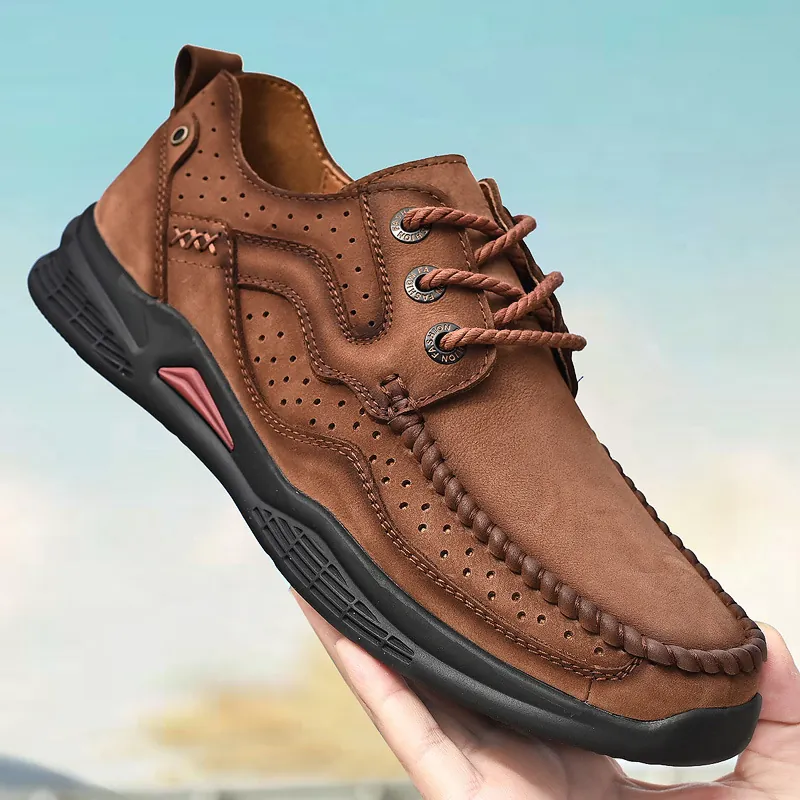 Men First Layer Cowhide Outdoor Casual Leather Shoes Breathable Hollow Out Perforated Thick Sole Hiking Walking Shoes Lace Up Shoes