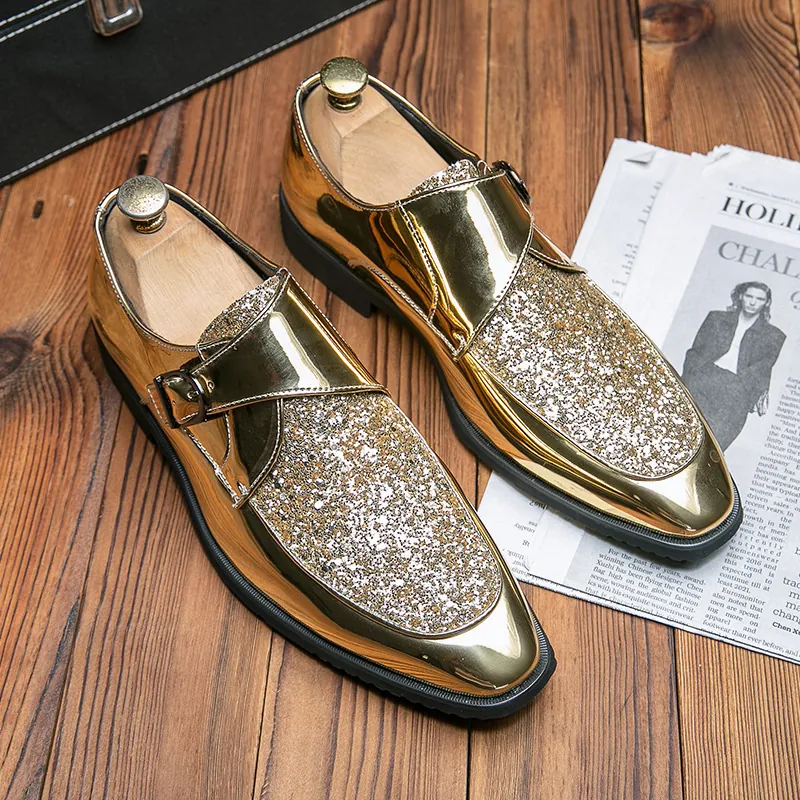 Men's British Style Business Formal Leather Shoes Shiny Gold Black Sequin Monk Strap Slip-on Oxford Dress Shoes For Wedding Party