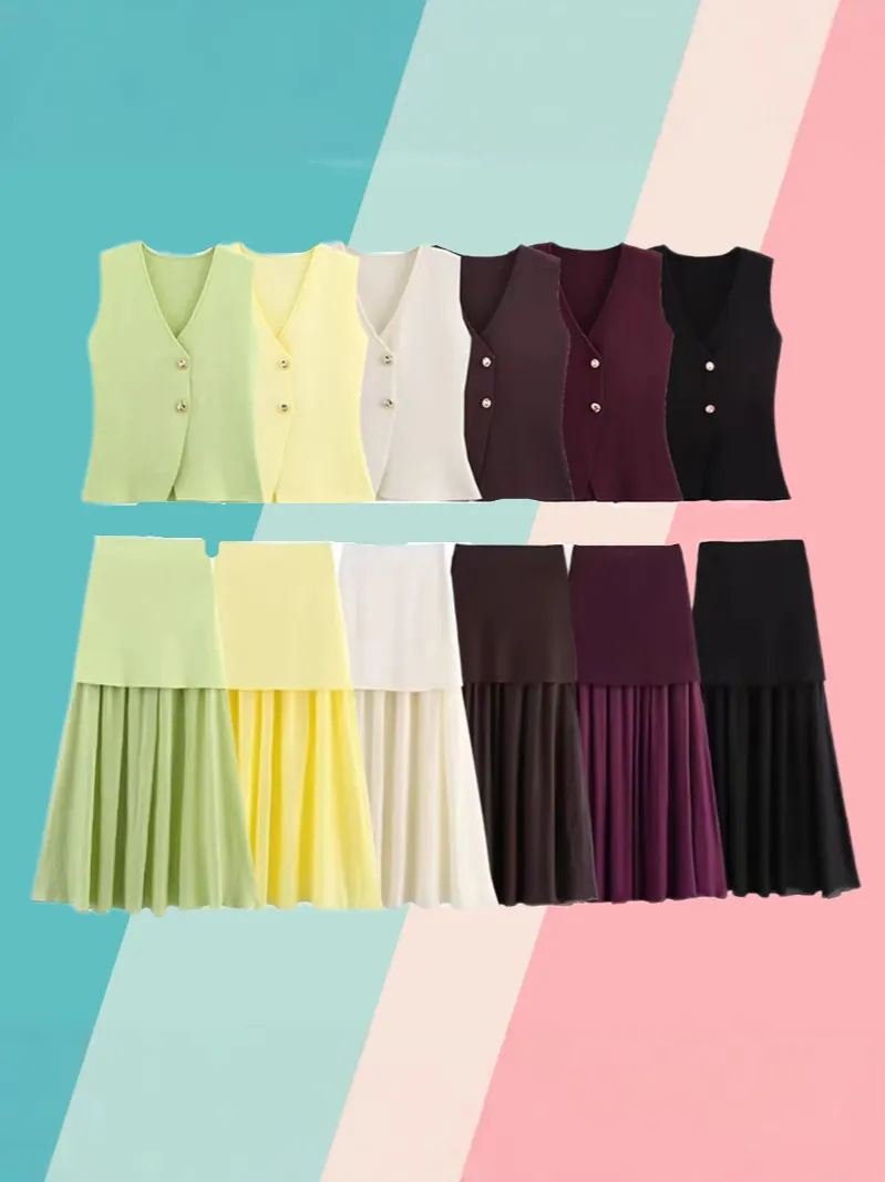 Women European Style Knit Vest and Pleated Patchwork Skirt Set Gold Buttons Sleeveless Top and Bottom Skirt Set