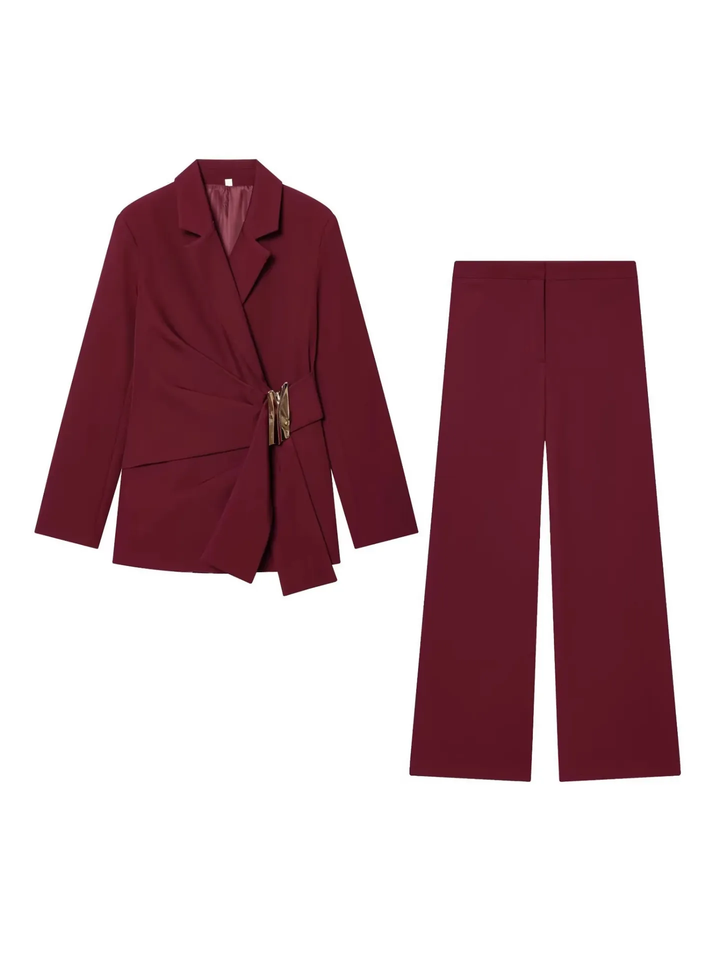 Completo Blazer e Pantaloni in Poliestere Stile Europeo da Donna Tinta Unita Pieghe in Vita Decorazione con Fibbia Top And Bottom Abito Casual da Ufficio
