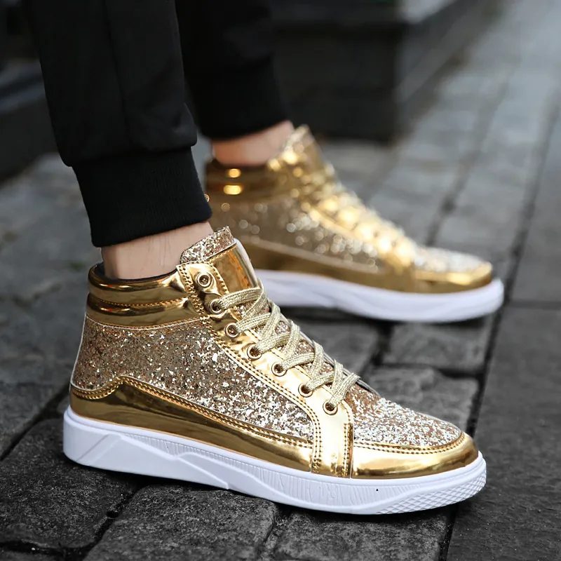 Scarpe da Skate da Uomo High Top con Paillettes in Pelle Artificiale Sneakers da Festa per Palcoscenico Scintillanti Scarpe Casual Trendy Coreane