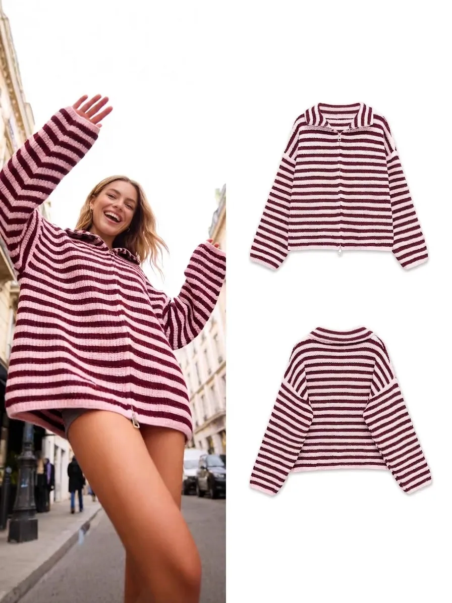 Damen Casual Gestreifte Strickjacke Full Zip Cardigan Hoher Kragen Langarm Top Oberbekleidung Streetwear Mode Frühling Herbst Mantel