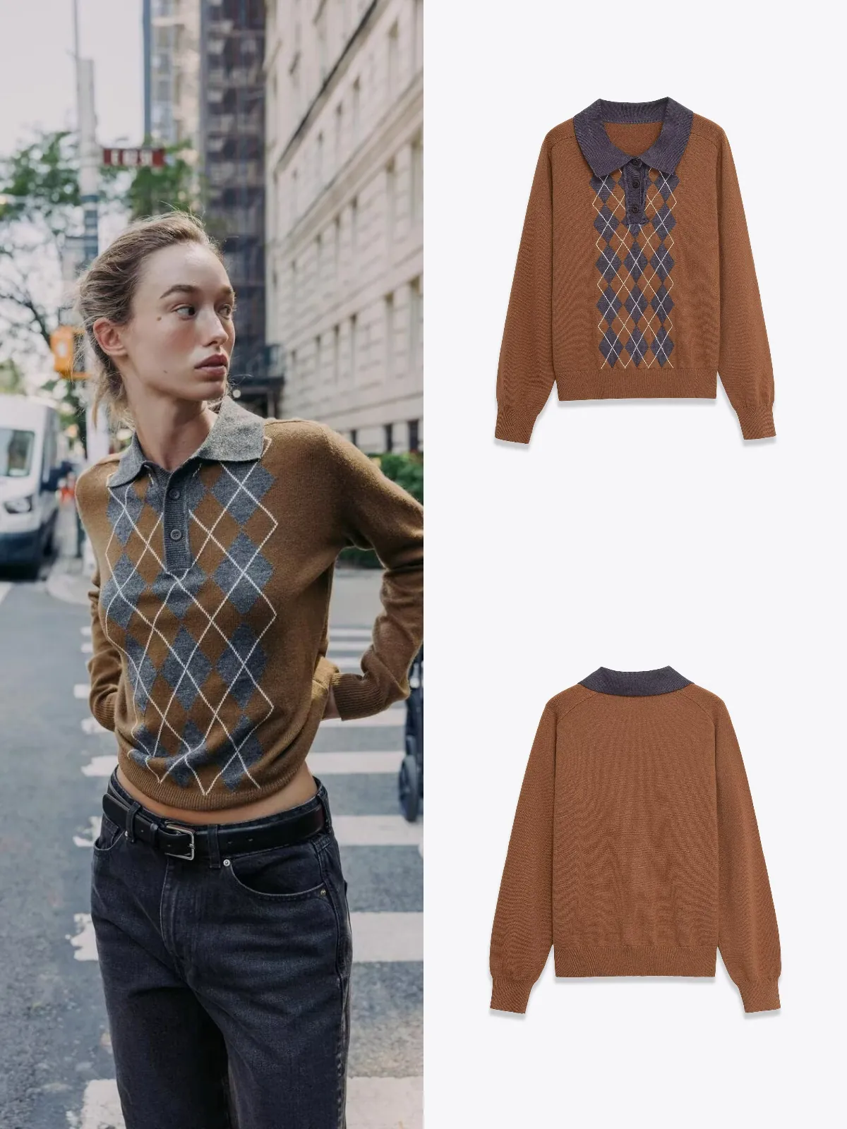 Polo en Tricot Argyle Vintage pour Femmes Manches Longues Col Contrasté Pull Géométrique Décontracté Top