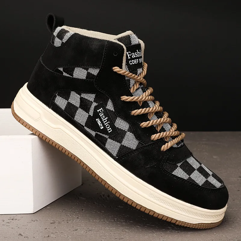 Ανδρικά Vintage Sneakers με Σκακιέρα Υψηλό Προφίλ Μόδα Casual Παπούτσια Καμβά Χοντρή Σόλα Retro Streetwear Παπούτσια Board με Κορδόνια
