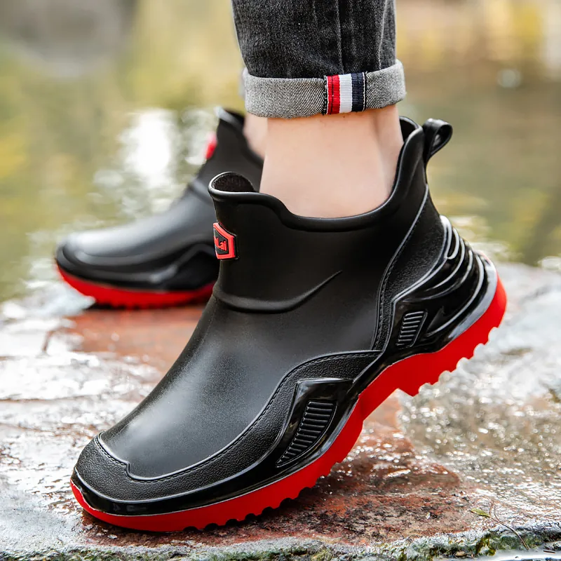 Men Waterproof Rain Boots Fashion Low Top Chelsea Style Integrated PVC Rainboots Non-Slip Thick Sole Outdoor Work Water Shoes