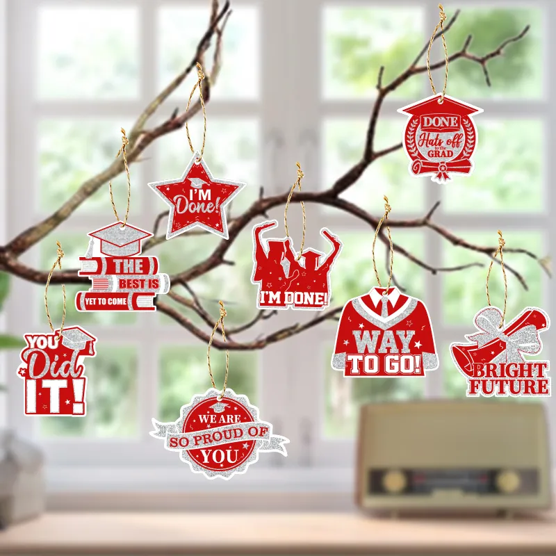 Set di 8 Decorazioni da Appendere per Festa di Graduazione 2025 Cartellini in Carta Glitterata per Celebrazione Fine Anno Scolastico
