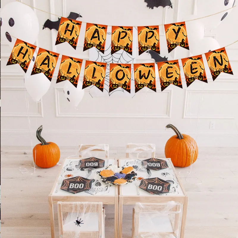 Décorations de Fête d'Halloween Bannière en Papier Guirlande Suspendue Avec Design Citrouille Fantôme Crâne Pour Décoration