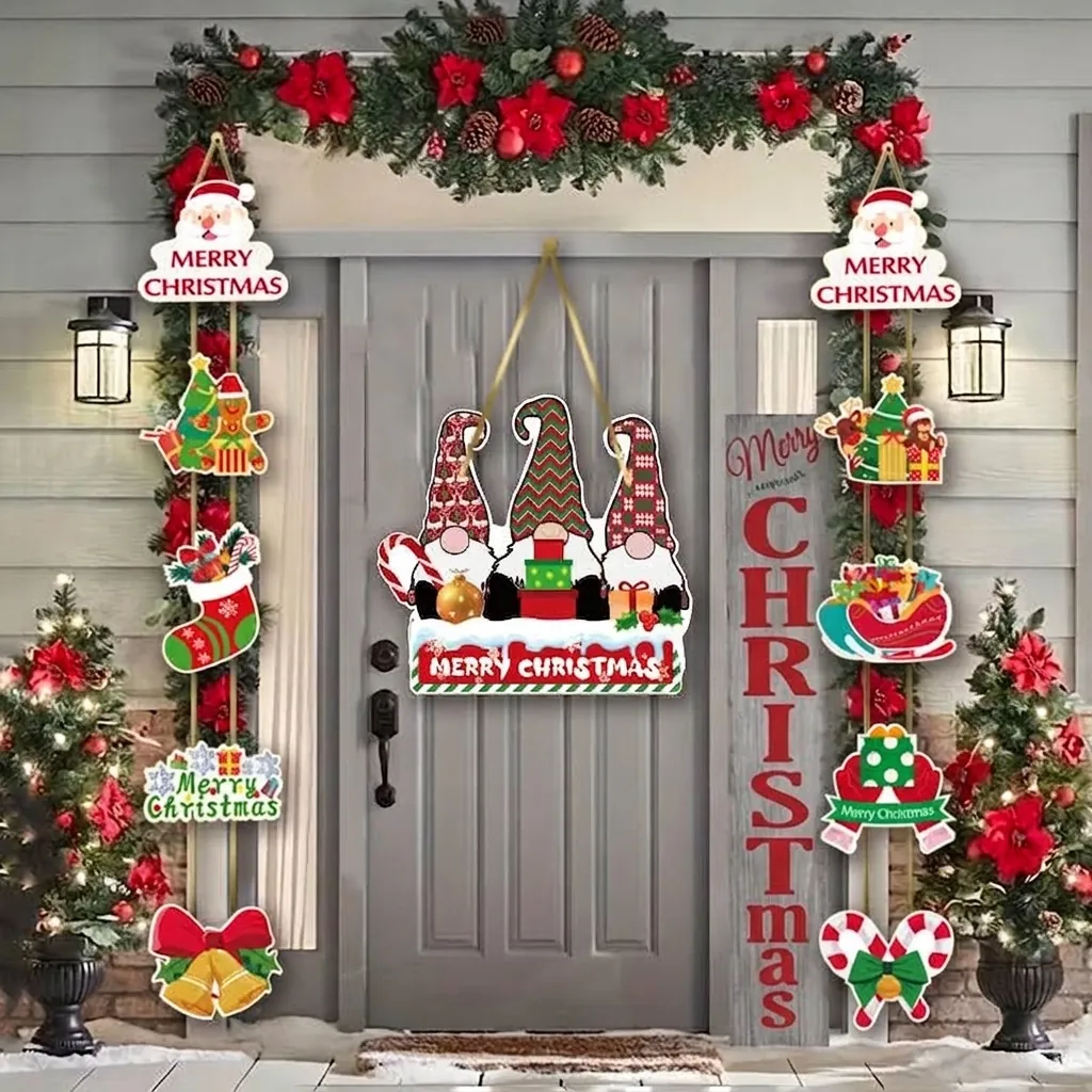Juego de Decoración Colgante de Pancarta de Puerta de Navidad Papel Papá Noel Muñeco de Nieve Gnomos Pancarta para Fiesta en Casa Suministros de Patio al Aire Libre