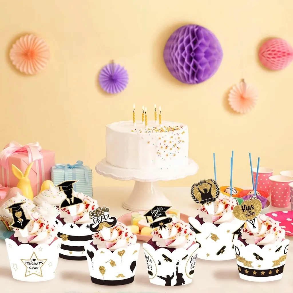 Set de Decoración Cupcake Graduación Congrats Grad Decoración Papel Molde Pastel Fiesta Escolar Oro Negro Blanco Azul