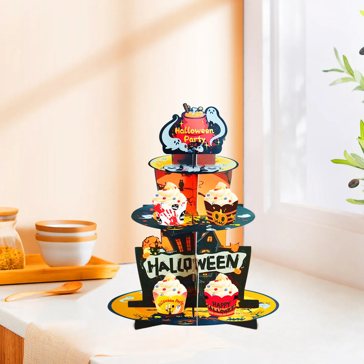 Halloween Tiered Paper Cake Stand Pumpkin Ghost Castle Printed Cupcake Display Holder For Party Decoration