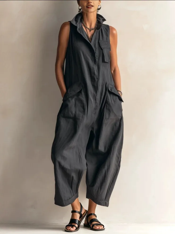 Women Retro Sleeveless Stand Collar Multi Pocket Workwear Wide Leg Jumpsuit Solid Color Casual Loose Overall Romper