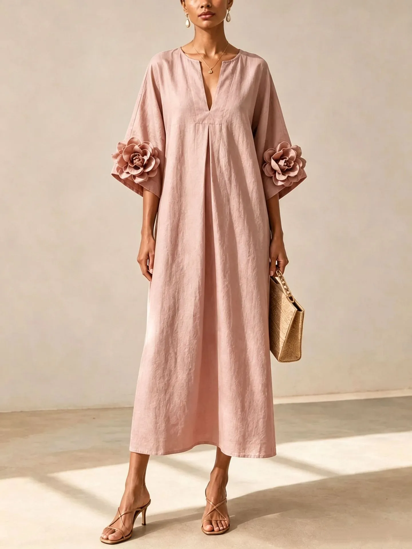 French Vintage Cotton Linen Midi Dress Elegant V-Neck Three-Quarter Sleeve Loose Fit Dress With 3D Flower Decoration For Women