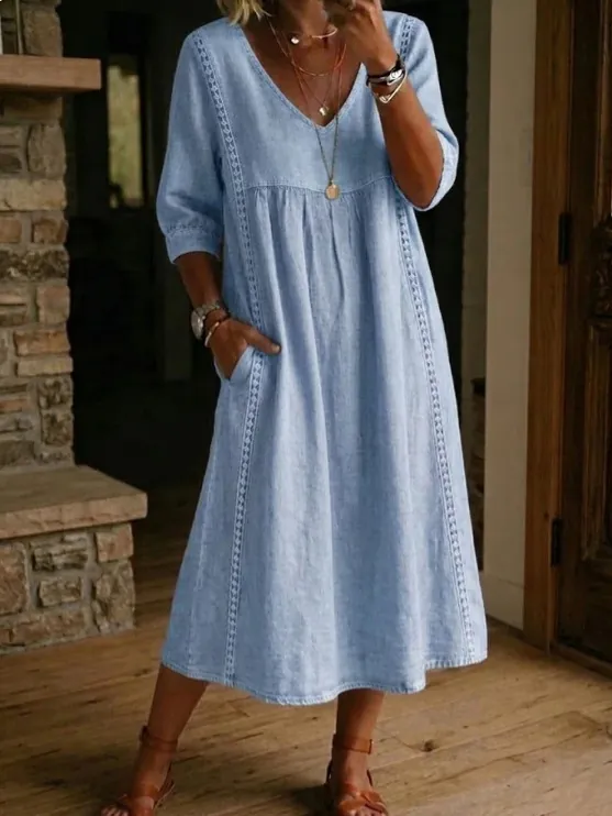 Women Casual V Neck Lace Patchwork Loose Polyester Midi Dress Bohemian Short Sleeve A-Line Summer Dress with Pockets