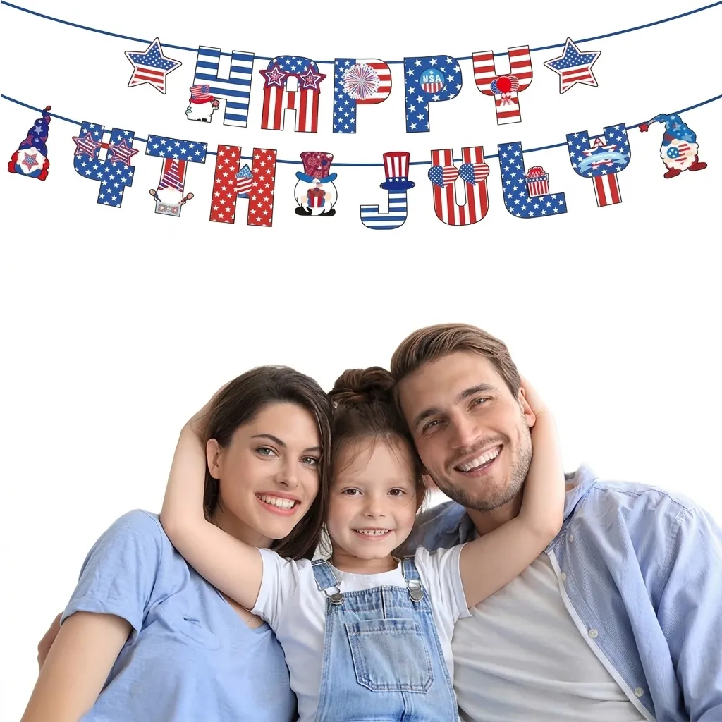 Striscione Giorno Indipendenza Bandiera USA Rosso Bianco Blu Gnomi Decorazione per 4 Luglio Forniture per Feste Patriottiche