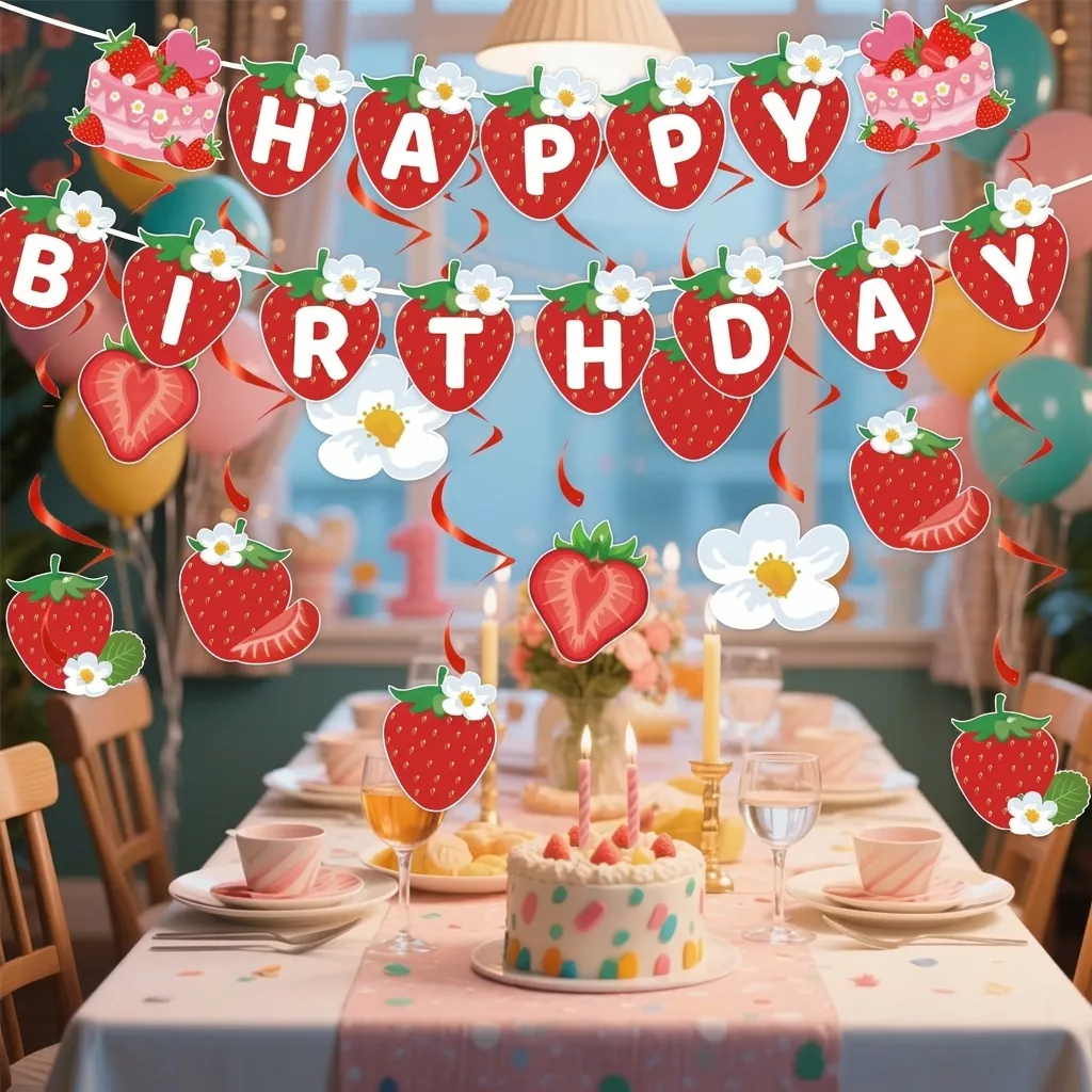 Zomer Aardbeien Fruit Verjaardag Feest Thema Banner Spiraal Hanger Taart Topper Honingraat Tafel Decoratie Achtergrond Voor Viering