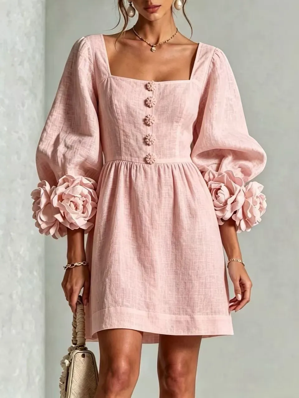 Damen Französischer Vintage Baumwolle Leinen Mini Kleid Mit 3D-Blumen Laternenärmel Eckiger Ausschnitt Elegantes Kleid