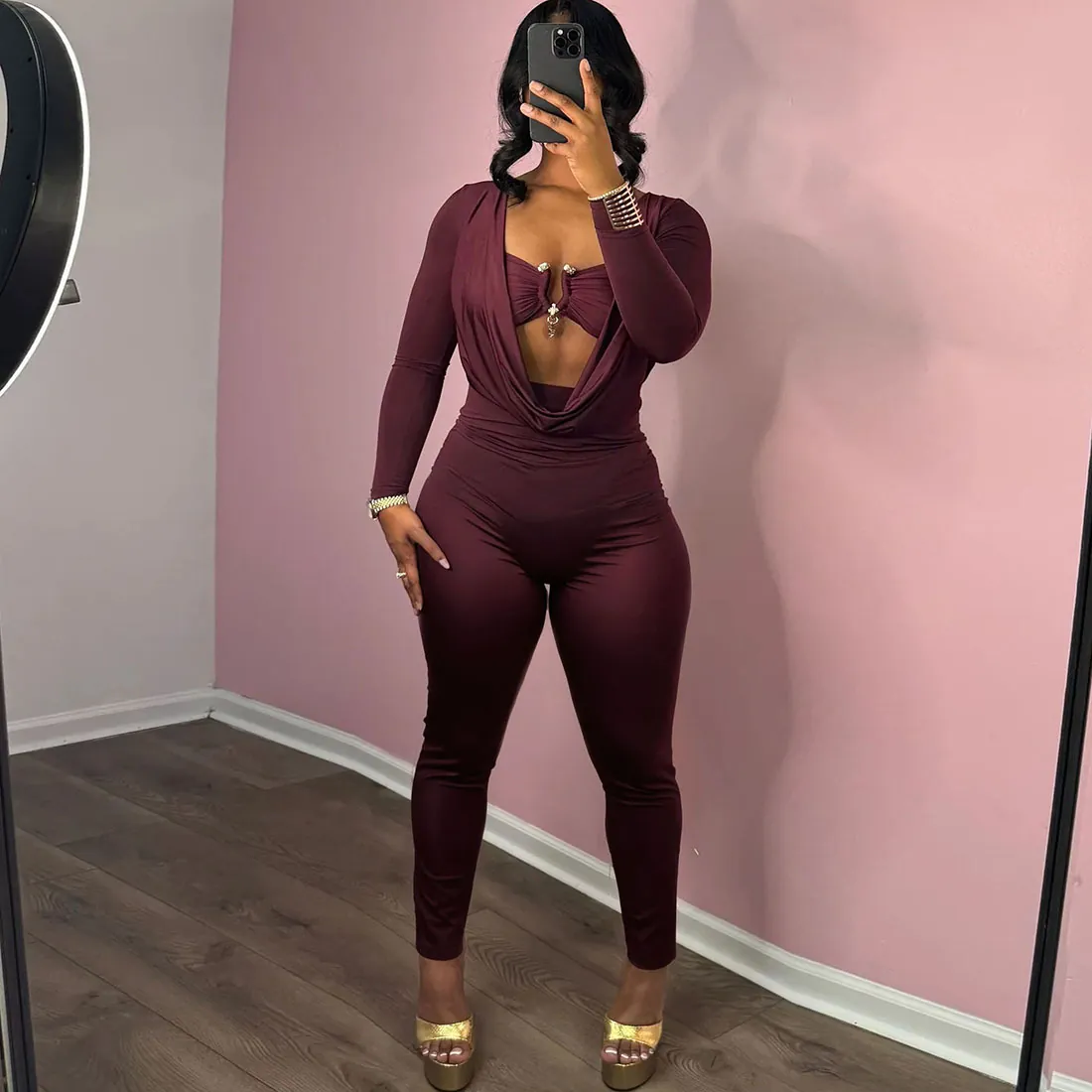 Women Sexy Cowl Neck Long Sleeve Jumpsuit Solid Color Bodycon Skinny Jumpsuits Clubwear Party Night Out Slim Fit Romper