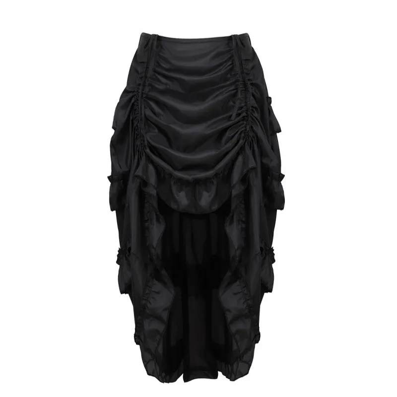 Women Ruched High-Low Pleated Skirt Gothic Ruffle Drawstring Dance Skirt Solid Color Polyester A-line Maxi Skirt Retro Style