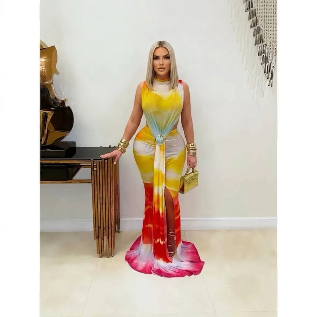 Women Sexy Sleeveless Bodycon Maxi Dress Sunset Gradient Tie-Dye Print Cutout Waist Ring Bandage Summer Party Club Long Dress