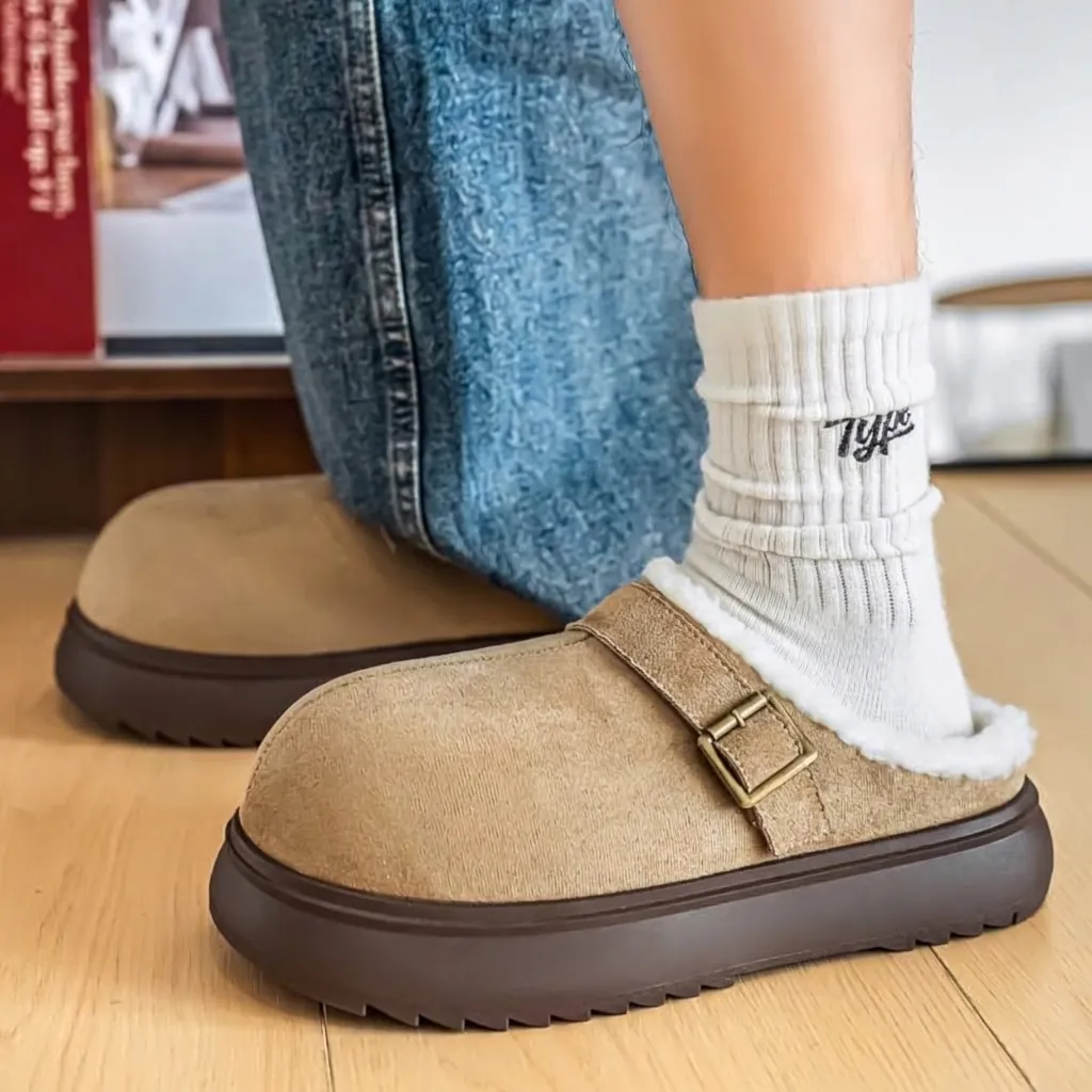 Men Platform Clogs Fleece Lined Winter Slippers Artificial Leather Buckle Slip On Warm House Shoes For Indoor Outdoor