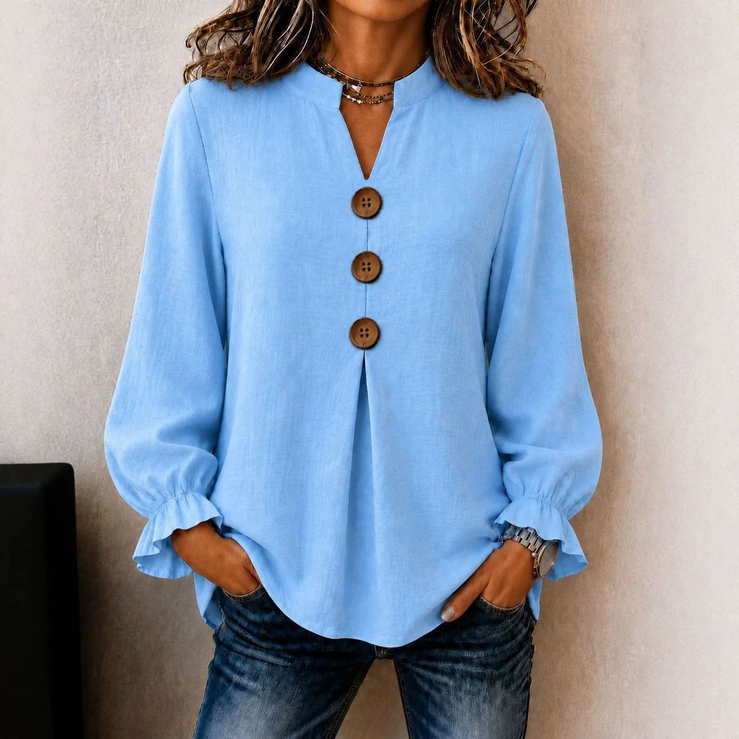 Women V-Neck Long Sleeve Button Down Blouse Casual Loose Ruffle Cuff Solid Color Polyester Top for Autumn Winter
