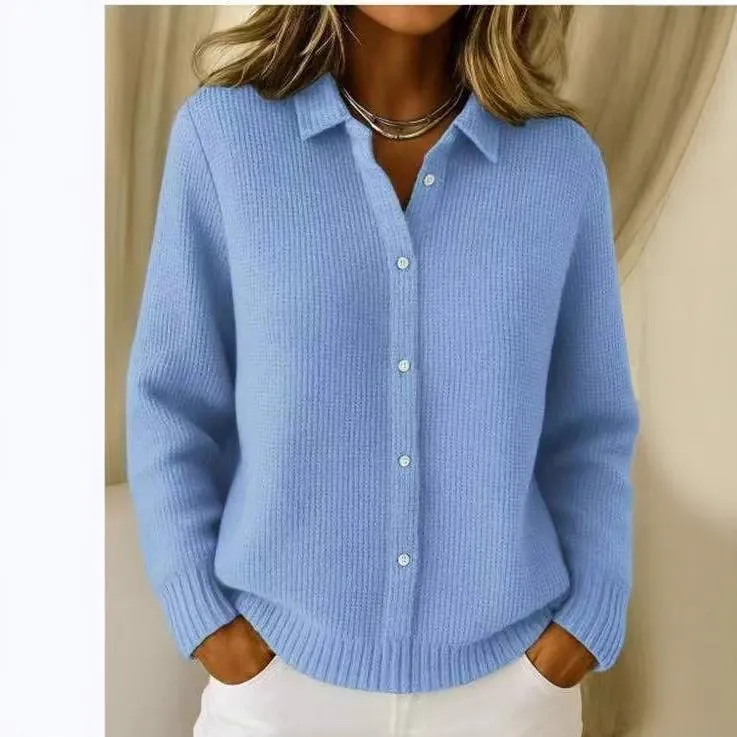 Dames Casual Revers Gebreide Trui Pullover Lange Mouw Effen Kleur Knoopsluiting Wafelstructuur Polo Top