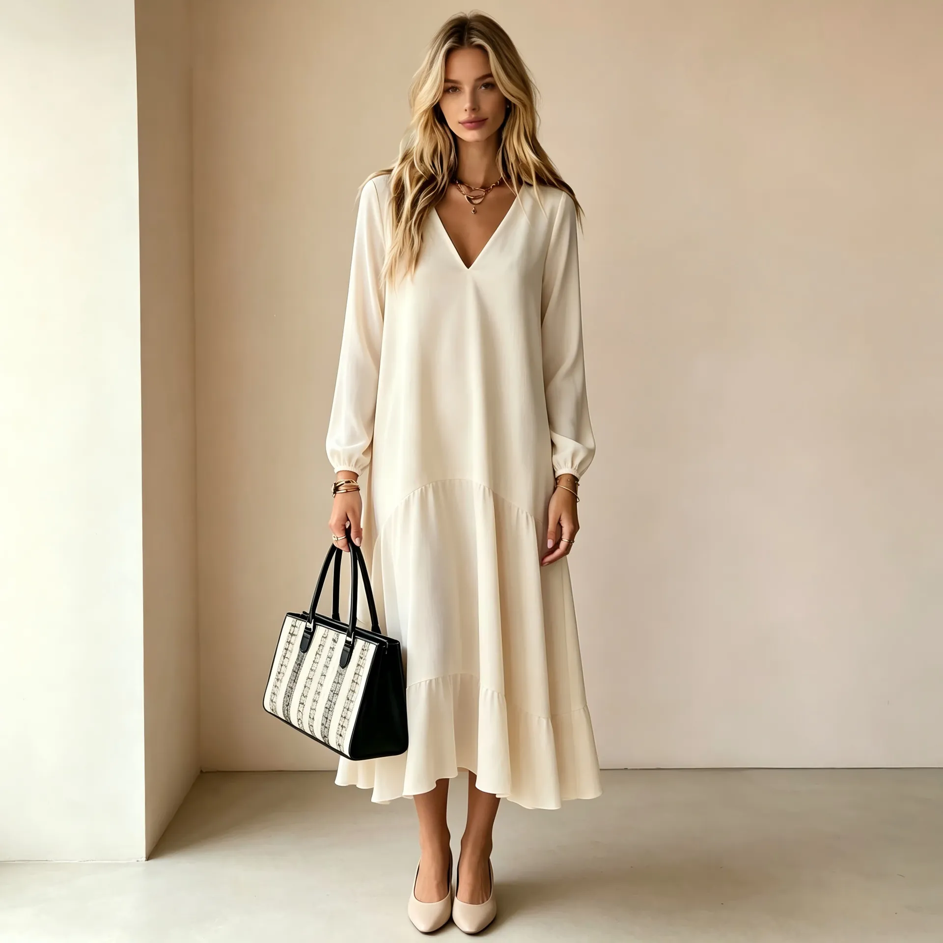 Vestido Largo de Mujer con Cuello en V Manga Larga Elegante Color Sólido Ajuste Holgado Dobladillo con Volantes Vestido para Oficina