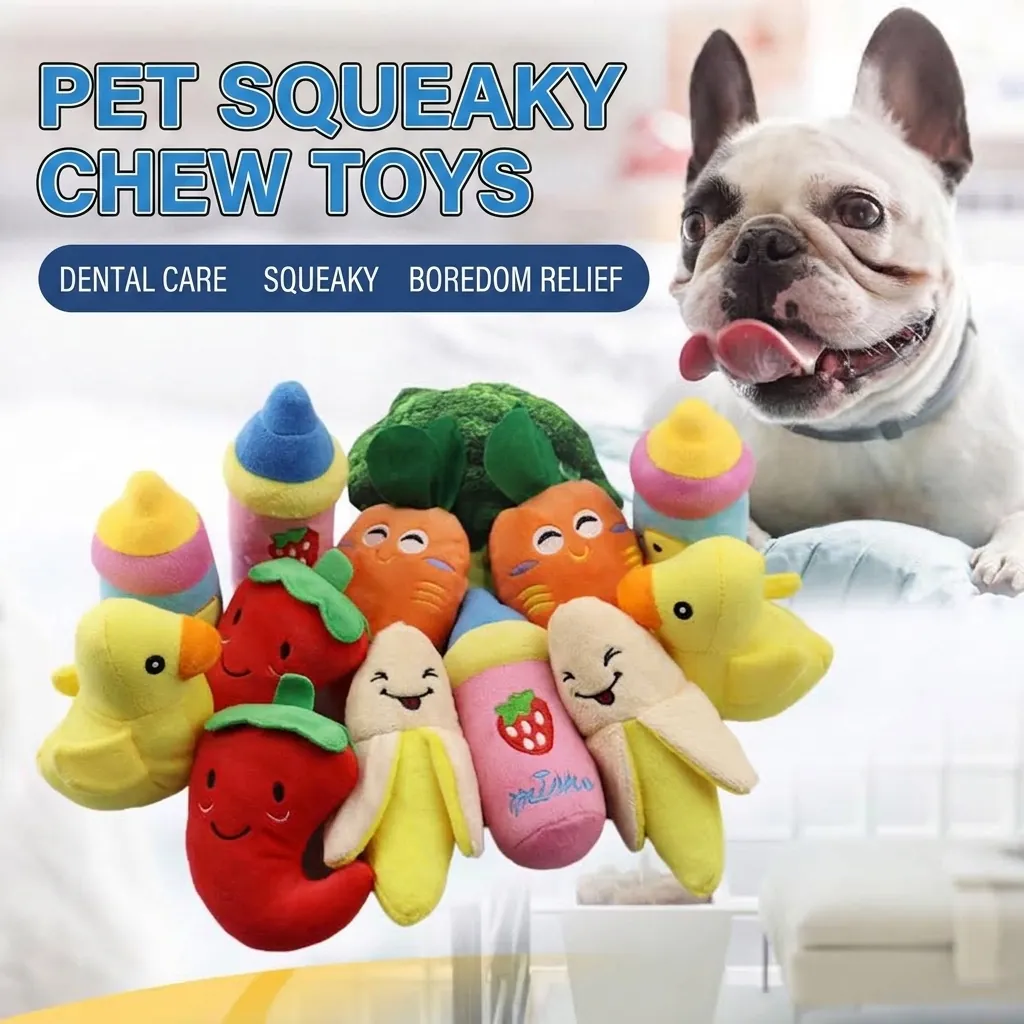 Cartoon Pet Plush Squeaky Toy Durable Fruit Vegetable Animal Shapes Interactive Chewing Toy for Dogs and Cats Pet Supplies