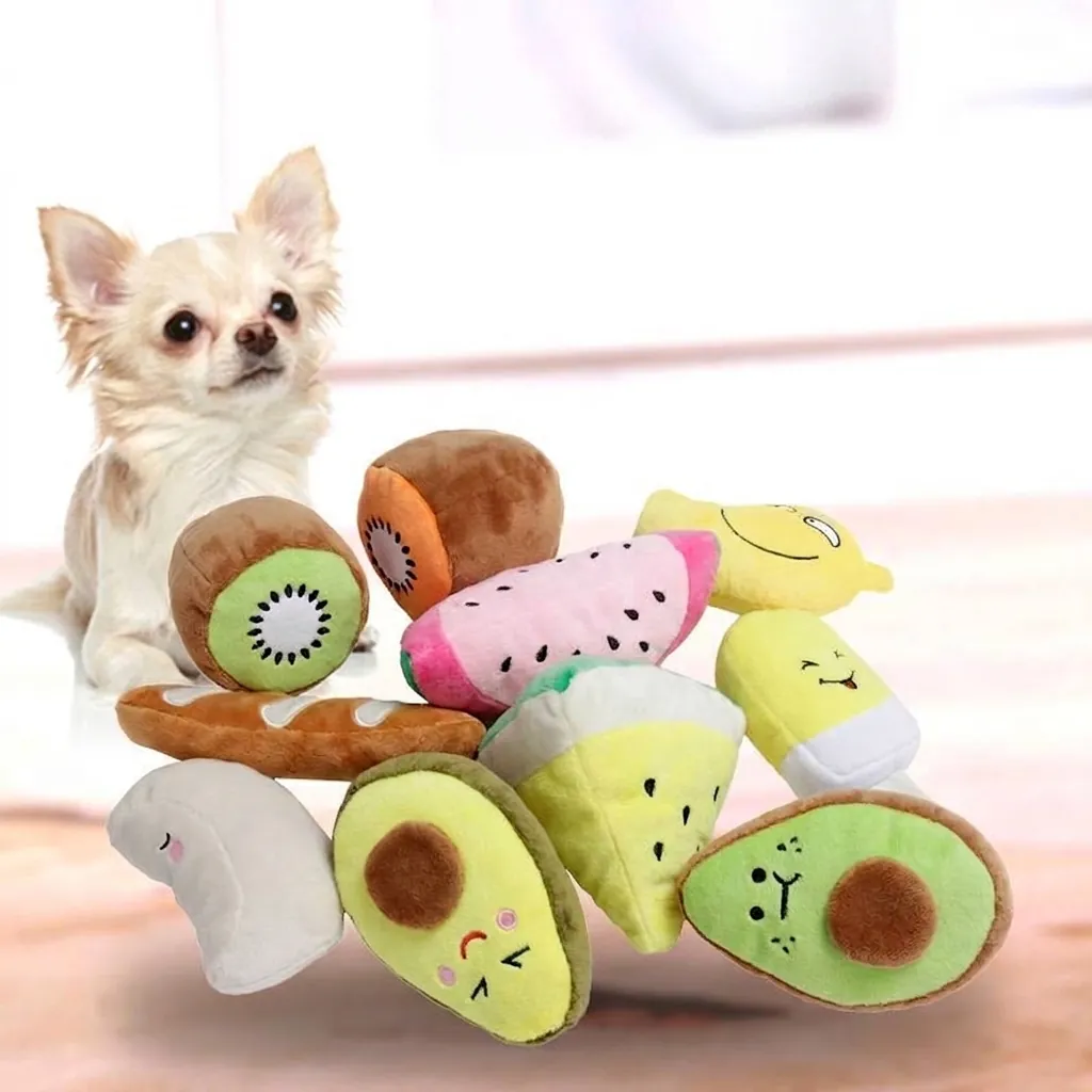 Jouet en Peluche Siffleur pour Animaux Forme de Fruit Légume Donut Jouet d'Interaction à Mâcher Mou pour Chats Et Chiens