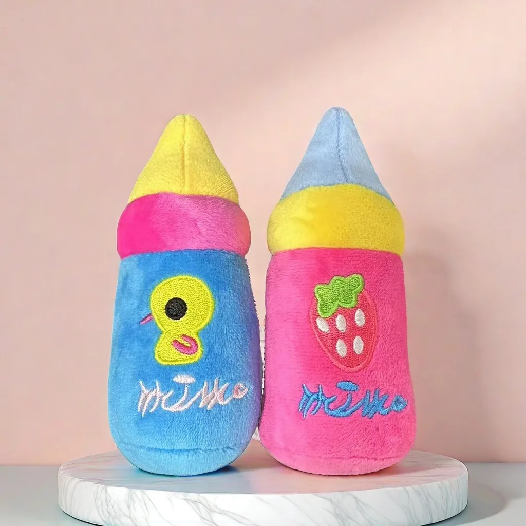 Pet Plush Milk Bottle Squeaky Toy Soft Crystal Velvet Chew Toy For Dogs Cats Teeth Cleaning Interactive Embroidery Toy