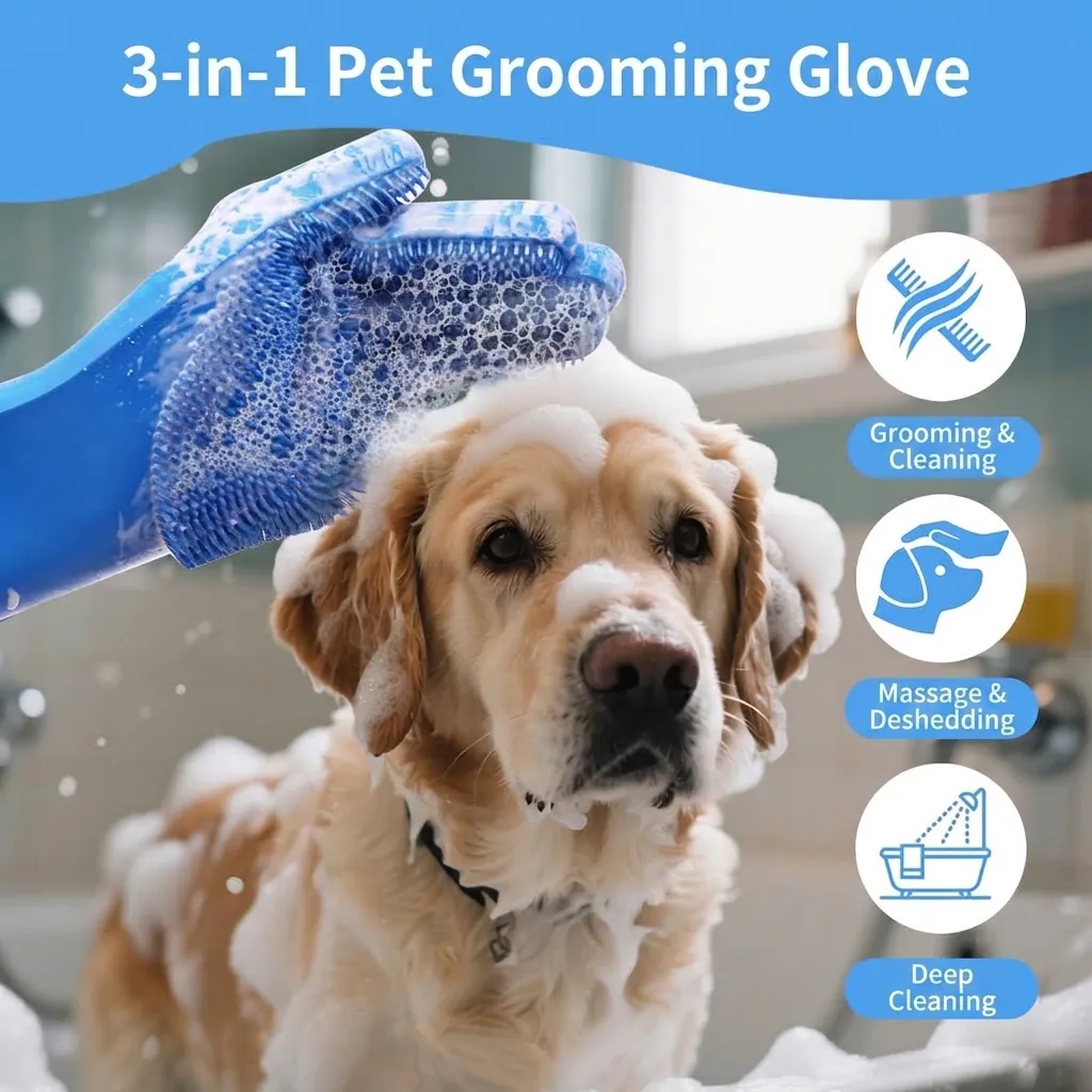 Guantes de Baño para Mascotas Extralargos para Perros Gatos Cepillo de Masaje de Silicona para Limpieza y Aseo de Mascotas Azul
