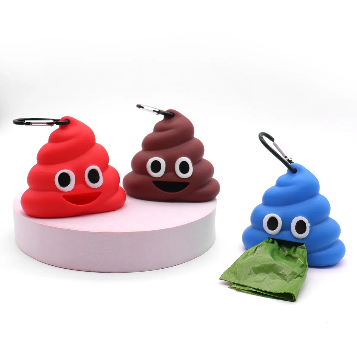 Poop Emoji Shape Pet Waste Bag Dispenser Portable Dog Poop Bag Holder With Metal Carabiner PVC Trash Bag Storage Case