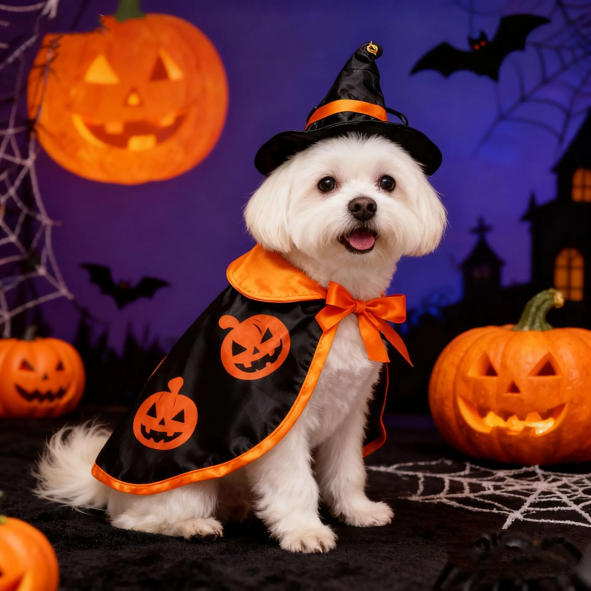 Conjunto de Disfraz de Halloween para Mascotas Perros Gatos Capa con Estampado de Calabaza Sombrero de Mago con Cascabel